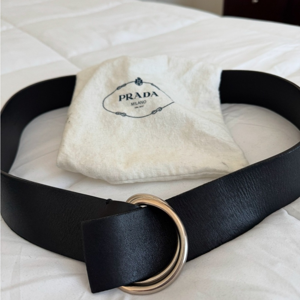 Prada Black Leather Belt with Gold-Tone Ring